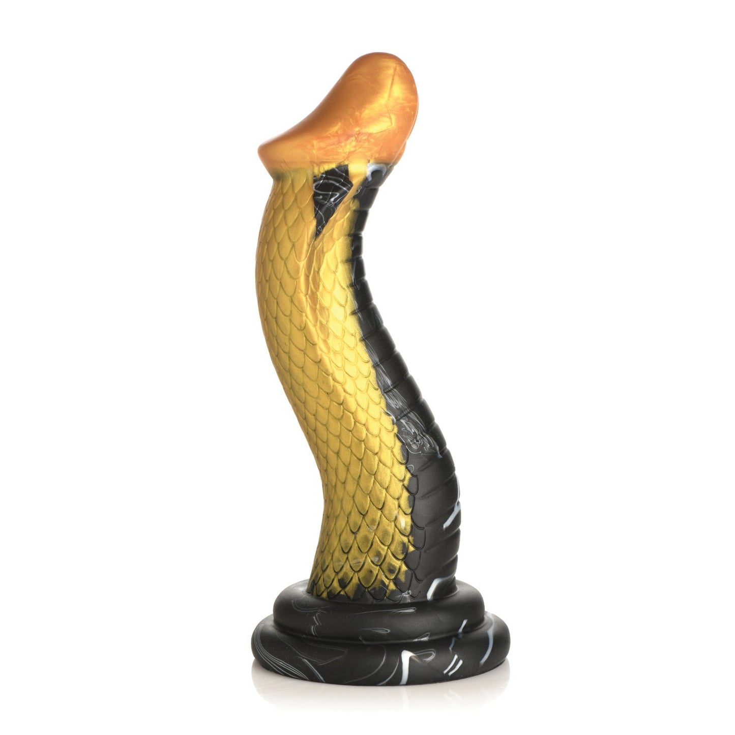 A sculpted object resembling a snake with a yellow, scaled texture and black base, curving upward artistically like the Creature Cocks Golden Mamba Silicone Dildo, set against a white background.