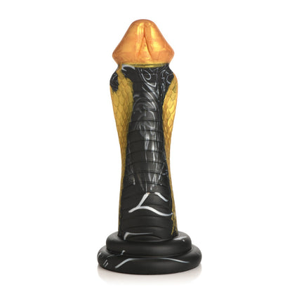 A sculpture of a cobra with yellow and black scales resembles the Creature Cocks Golden Mamba Silicone Dildo. The elegant cobra-inspired design features an upright posture against a plain white background.