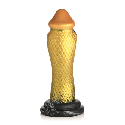 The Creature Cocks Golden Mamba Silicone Dildo by Creature Cocks features an elegant gold and black design with a textured, scaled pattern resembling a serpents head. Its distinct cobra-inspired look includes a flat, circular base in swirled black and gray for optimal G-spot stimulation.