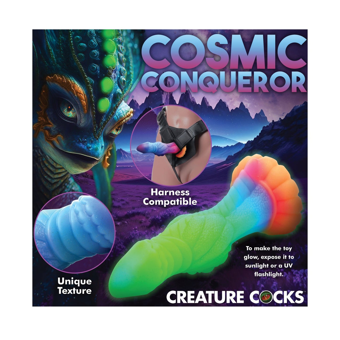Introducing the Creature Cocks Galactic Cock Alien Creature Silicone Dildo, a glow-in-the-dark, multicolored marvel that combines a unique texture with harness compatibility, delivering sci-fi themed textured pleasure against a stunning mountainous backdrop.