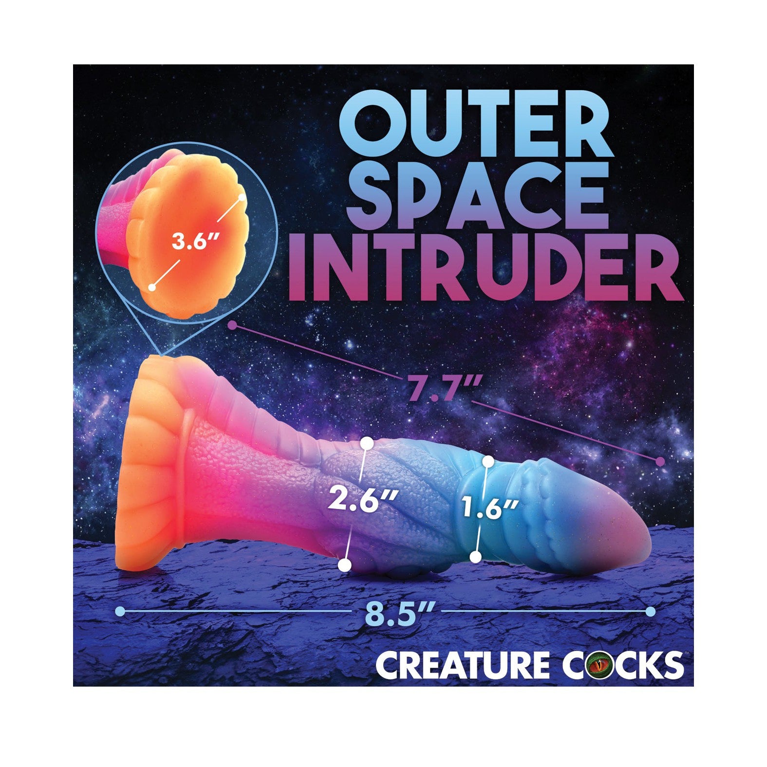 A vibrant, space-themed image showcases the Creature Cocks Galactic Cock Alien Creature Silicone Dildo with glowing elements. With dimensions 7.7, 2.6, 1.6, and 8.5, it is set against a starry sky, proudly bearing the Creature Cocks brand at the bottom.