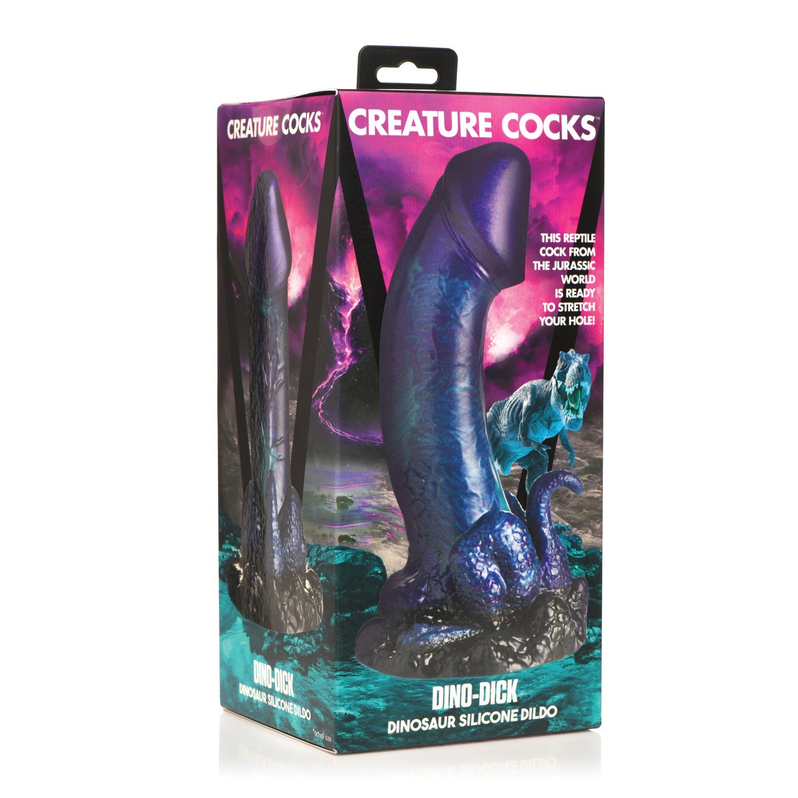 The Creature Cocks Dino Dick Silicone Dildo by Creature Cocks is presented in a box that highlights its dinosaur theme, with vibrant colors and a fantasy style, humorously named the Glittering Dino Dong.
