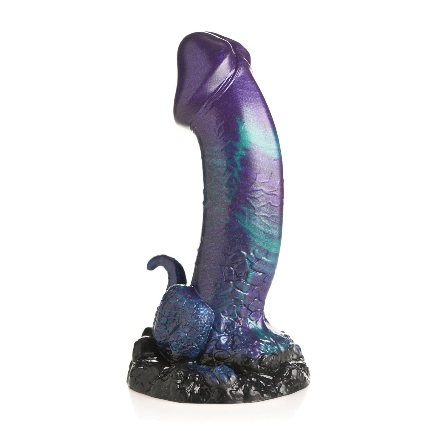 A textured, elongated purple and teal sculpture with a black base showcases a subtle dino theme, crafted as the Creature Cocks Dino Dick Silicone Dildo by Creature Cocks.
