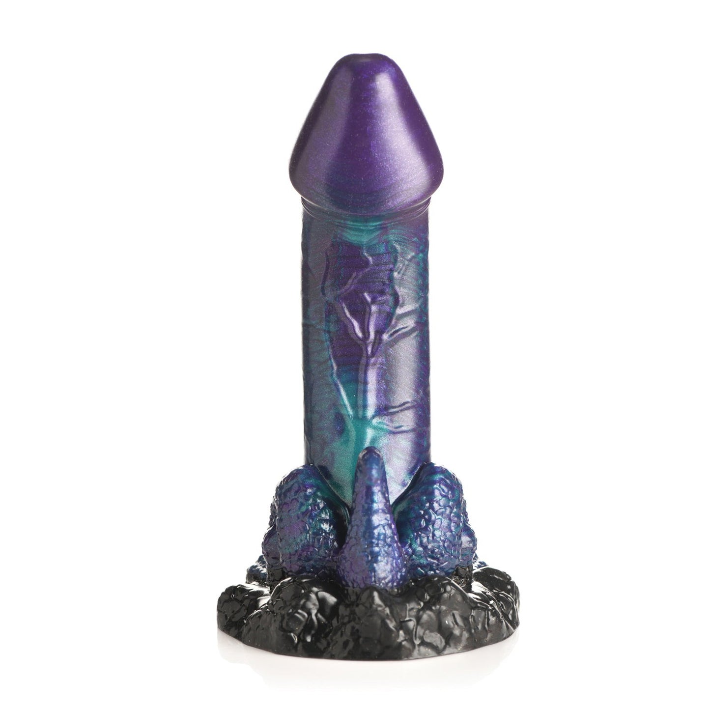 The Creature Cocks Dino Dick Silicone Dildo from Creature Cocks features a colorful, fantasy-themed, purple and blue iridescent design with a textured black base resembling rocky terrain, embodying a dinosaur-inspired toy aesthetic.