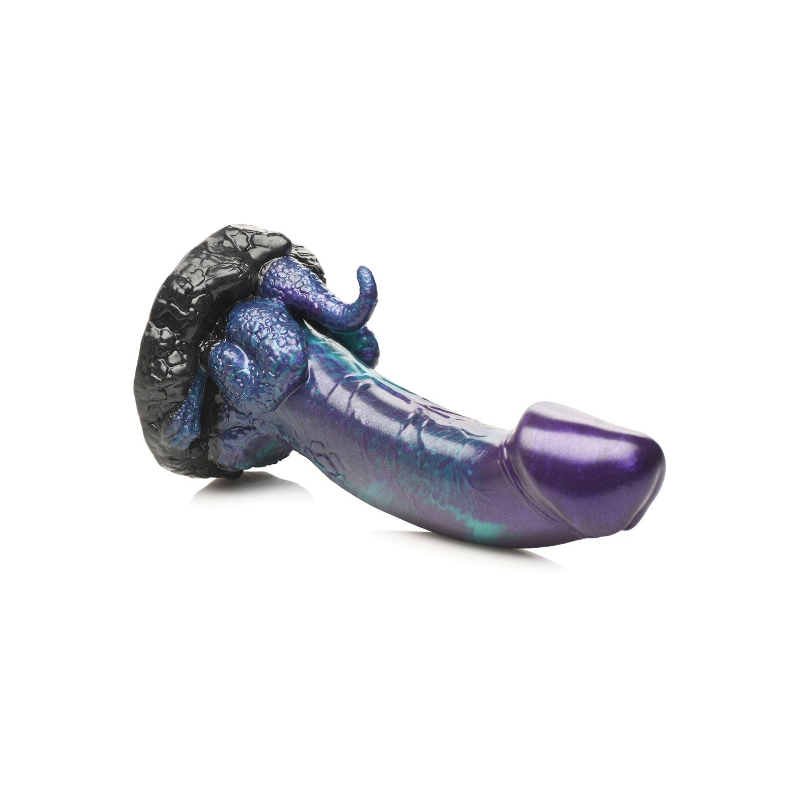 The Creature Cocks Dino Dick Silicone Dild is a purple and black fantasy-style toy with intricate textures and a distinctive, dino-themed design featuring decorative swirls and curves, showcased on a plain white background to highlight its prehistoric charm.