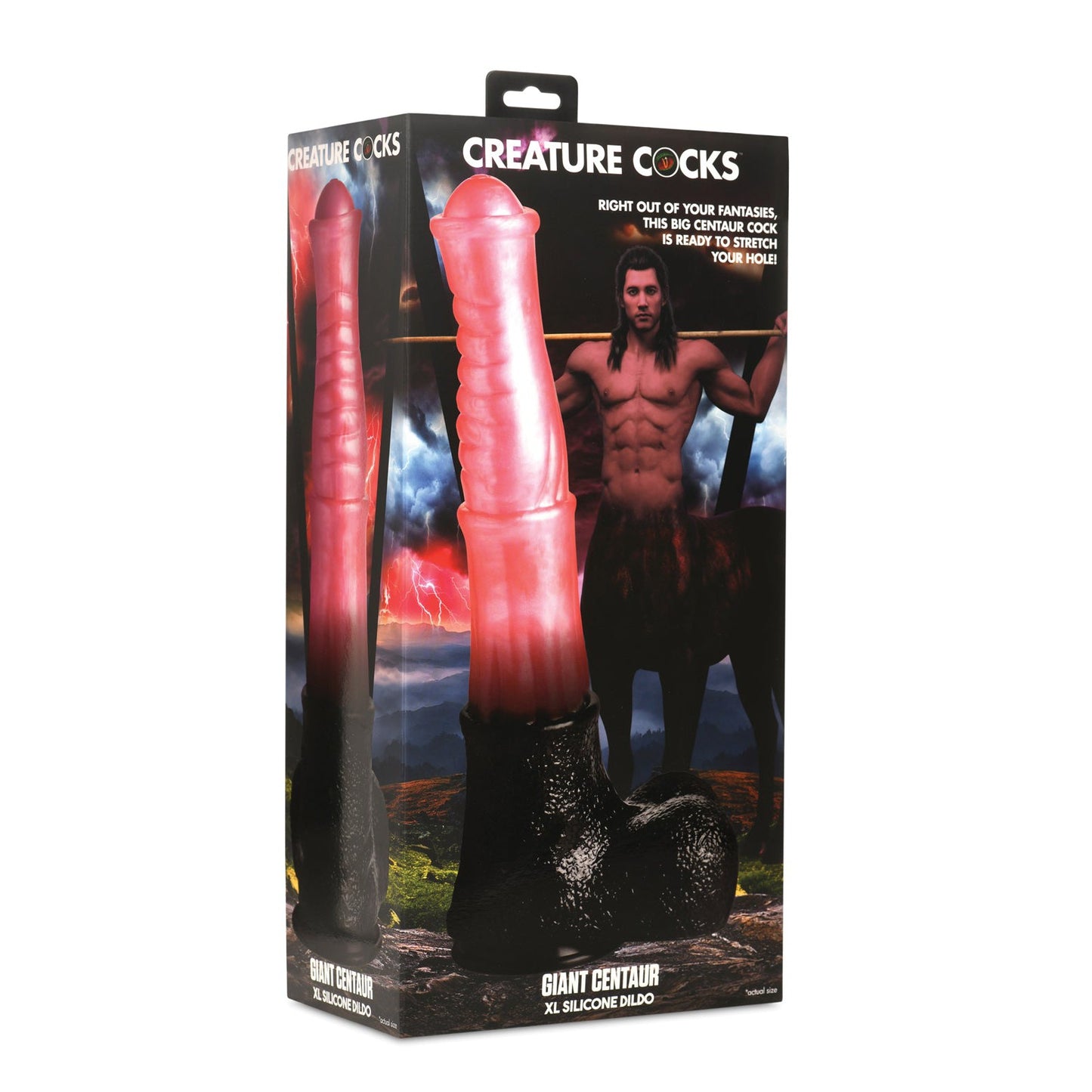 The image displays the Creature Cocks Giant Centaur XL Silicone Dildo packaging with a ribbed shaft, designed like an enlarged centaur against a fantasy-themed backdrop, ideal for fantasy enthusiasts seeking an adventurous experience.