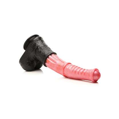 With a plain white backdrop, the Creature Cocks Giant Centaur XL Silicone Dildo showcases a pink textured design and black suction-cup base. Its realistic look and ribbed shaft make it perfect for fantasy enthusiasts craving an adventurous experience.