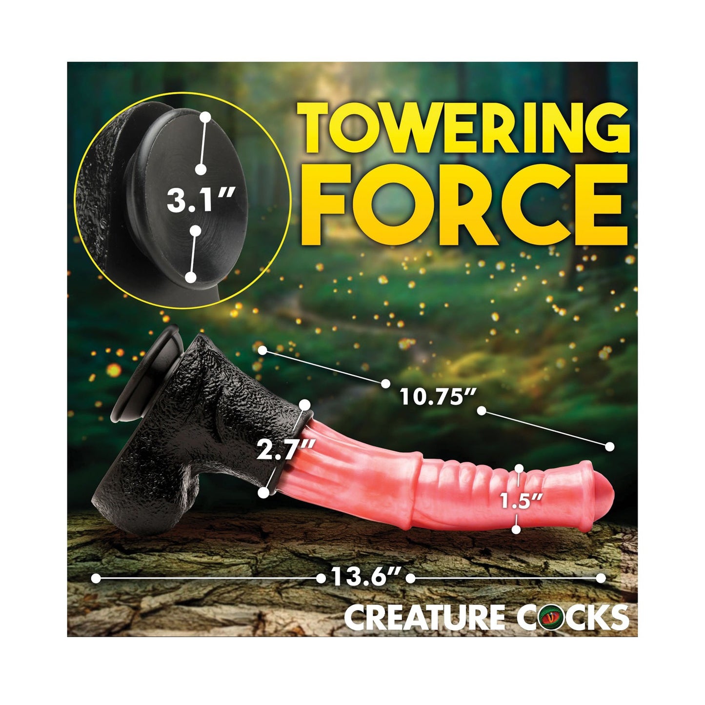 A promotional image features a detailed sizing chart for the Creature Cocks Giant Centaur XL Silicone Dildo. Ideal for fantasy enthusiasts, it showcases its ribbed shaft against a mystical forest backdrop, highlighting various measurements.