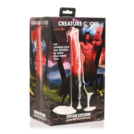 The Creature Cocks Centaur Explosion Silicone Dildo features vibrant packaging depicting a centaur in mountains. This lifelike silicone creation includes a squirting feature and ribbed shaft for enhanced pleasure.