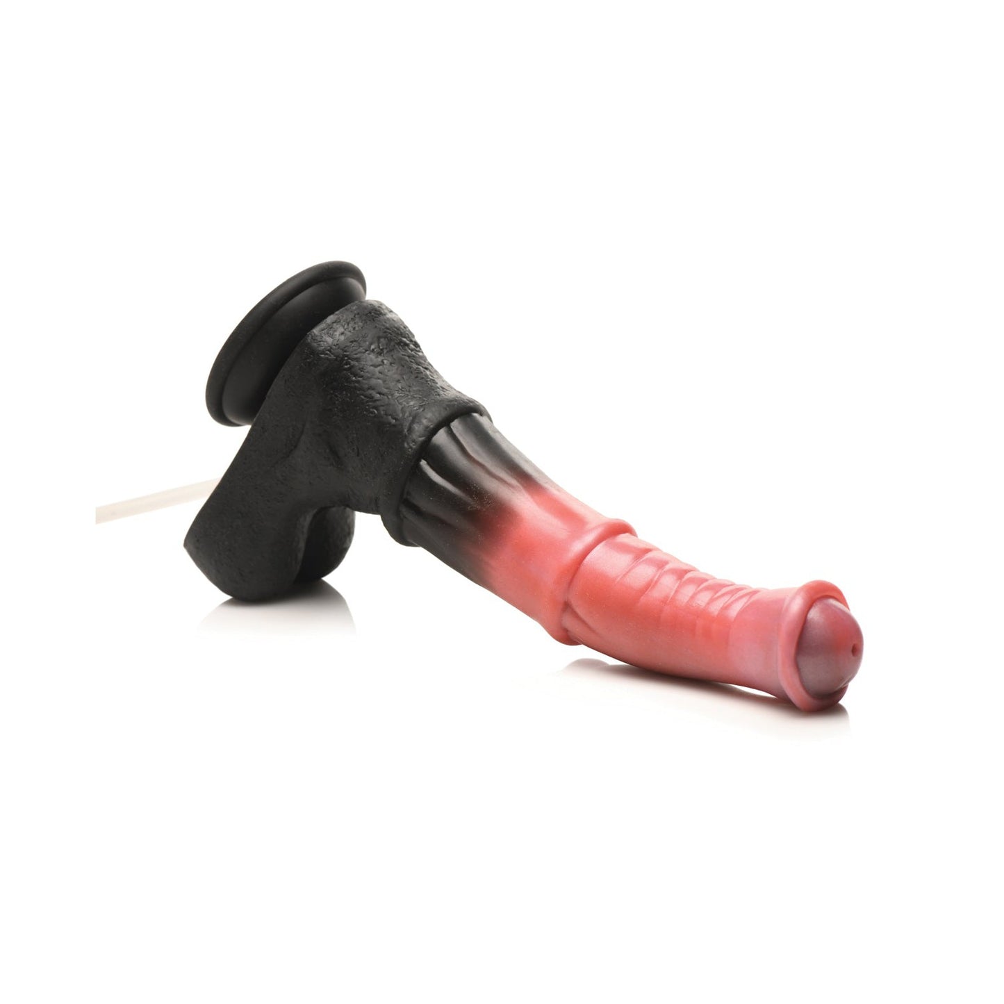 The Creature Cocks Centaur Explosion Squirting Silicone Dildo features a striking red gradient shaft with ribbed design for extra sensation and a textured black base. Its suction capability ensures hands-free enjoyment.