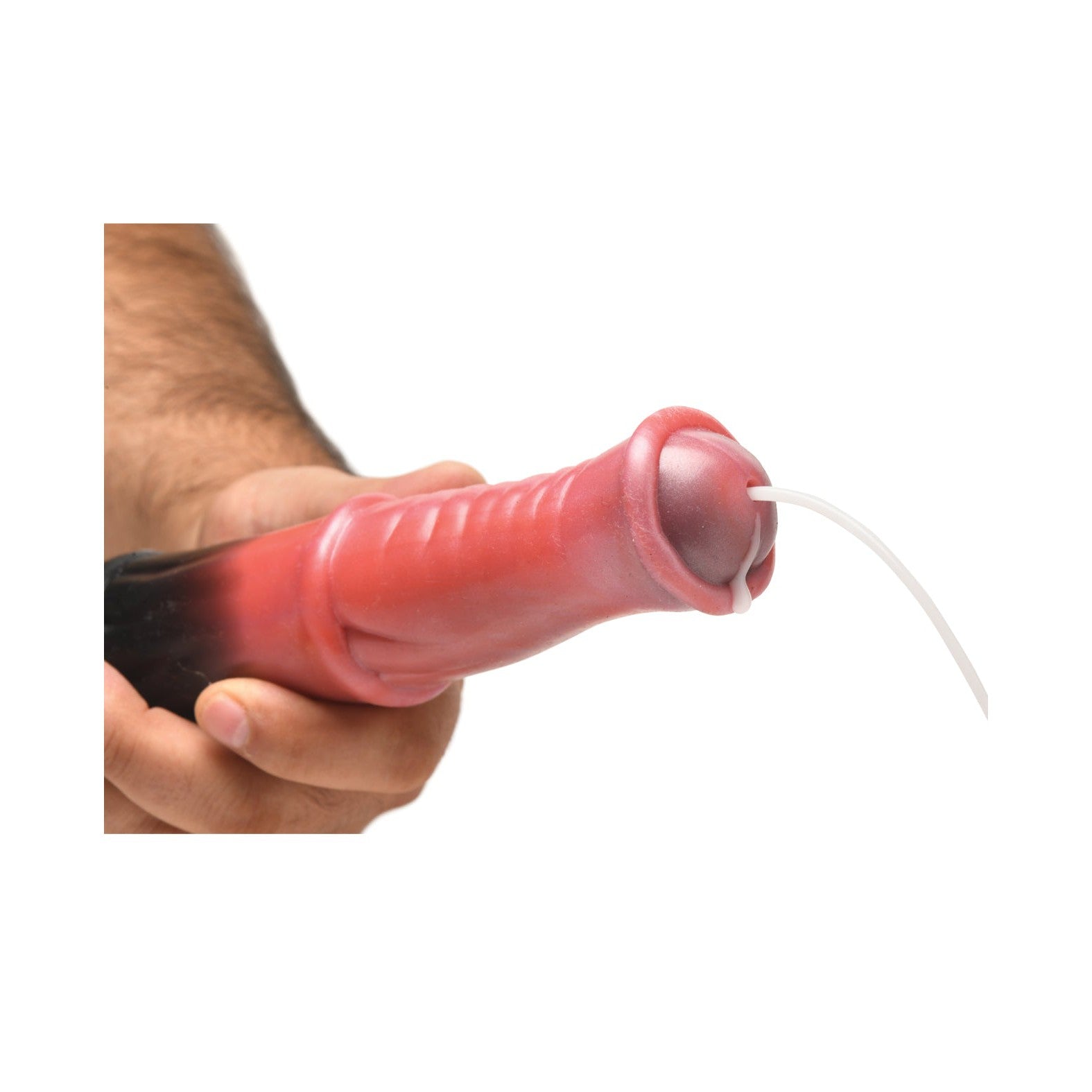 A close-up showcases a hand holding the Creature Cocks Centaur Explosion Squirting Silicone Dildo, featuring a ribbed shaft and flexible tube. The red and black novelty toy is designed for enhanced grip, displayed against a plain white background.