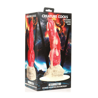 The Creature Cocks Resurrector Phoenix Squirting Silicone Dildos packaging flaunts a fiery, mythical theme with volcanic elements, highlighting a fantasy dildo made from body-safe materials.