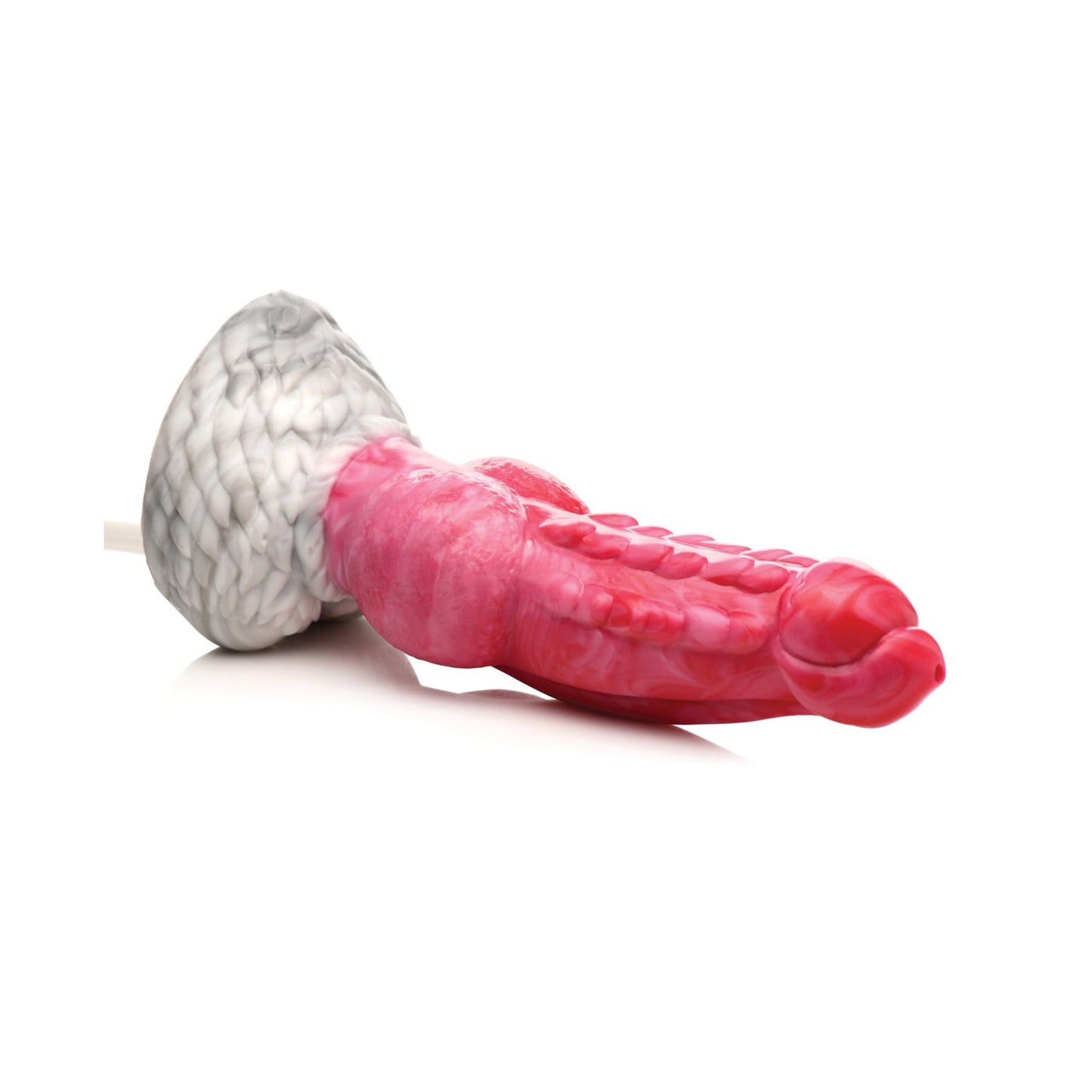 A pink and gray textured tentacle-like object is crafted from body-safe silicone by Creature Cocks. It features detailed ridges and suction cups, lying horizontally on a white background, inviting fantasy with its intricate design, reminiscent of the Resurrector Phoenix Squirting Silicone Dildo.