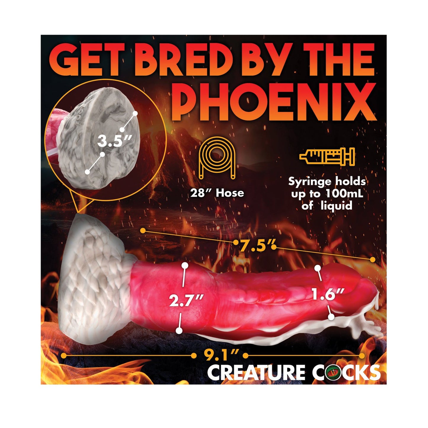 Introducing the Creature Cocks Resurrector Phoenix Squirting Silicone Dildo, a fiery addition to your collection. Made from body-safe silicone, this exquisite toy features a 28 hose, 100mL syringe capacity, dimensions of 9.1, 7.5, 2.7, and 1.6, with a blazing flame design and a 3.5 cup.
.