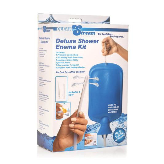The Clean Stream Detox Deluxe Shower Enema Kit by CleanStream features a 2-liter enema bag, 7-inch tubing, adjustable flow control, shut-off valve, and multiple tips. The package displays a product image and hands holding a nozzle for versatile use and efficient cleaning.