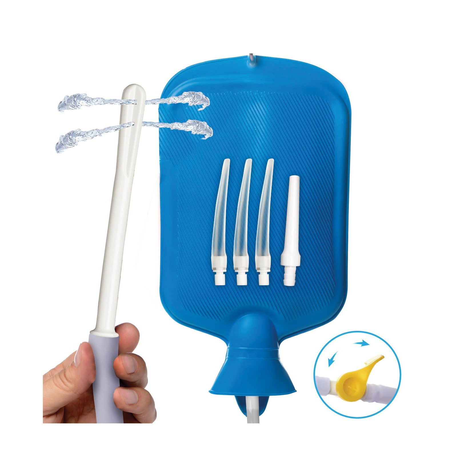 The Clean Stream Detox Deluxe Shower Enema Kit by CleanStream includes a blue bag with a nozzle and four attachments. A user demonstrates adjustable flow control with the white and gray nozzle, while a diagram highlights the yellow valve for directional precision.