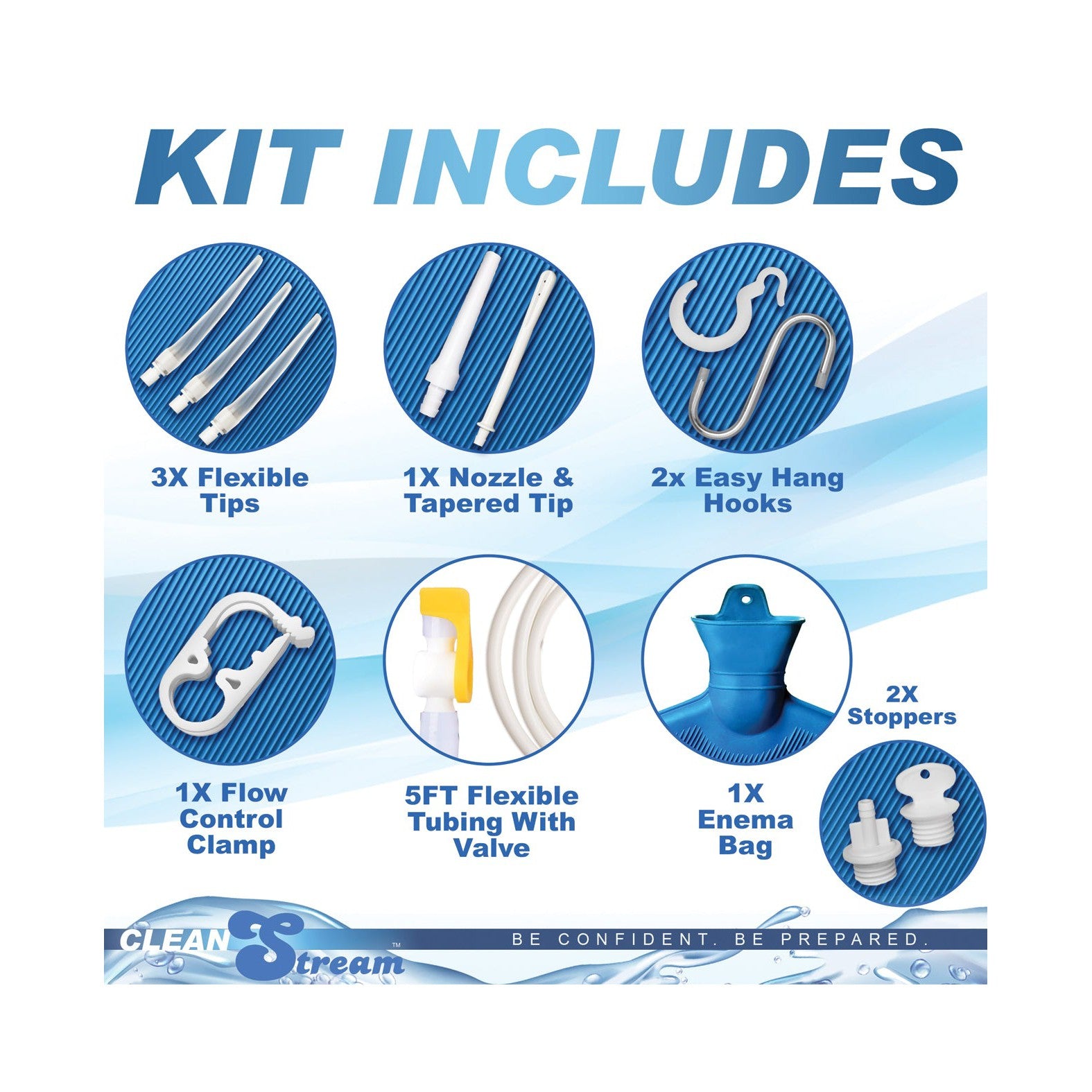 Image of the CleanStream Detox Deluxe Shower Enema Kit displaying versatile features: 3 flexible tips, 1 nozzle & tapered tip, 2 hanging hooks, adjustable flow control clamp, 5-ft tube with valve, enema bag, and 2 stoppers. Text: Clean Stream and Be Confident. Be Prepared.