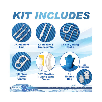 Image of the CleanStream Detox Deluxe Shower Enema Kit displaying versatile features: 3 flexible tips, 1 nozzle & tapered tip, 2 hanging hooks, adjustable flow control clamp, 5-ft tube with valve, enema bag, and 2 stoppers. Text: Clean Stream and Be Confident. Be Prepared.