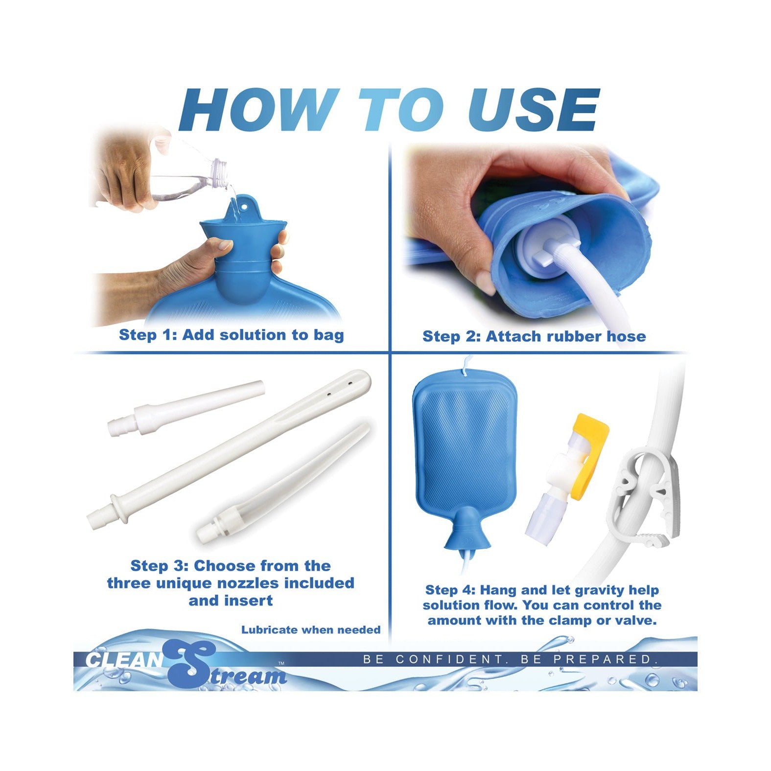 Instructions for the Clean Stream Detox Deluxe Shower Enema Kit: 1. Add solution to bag. 2. Attach hose. 3. Select and insert one of three nozzles. 4. Hang and release with adjustable flow control by CleanStream—be prepared and confident with versatile use options!.