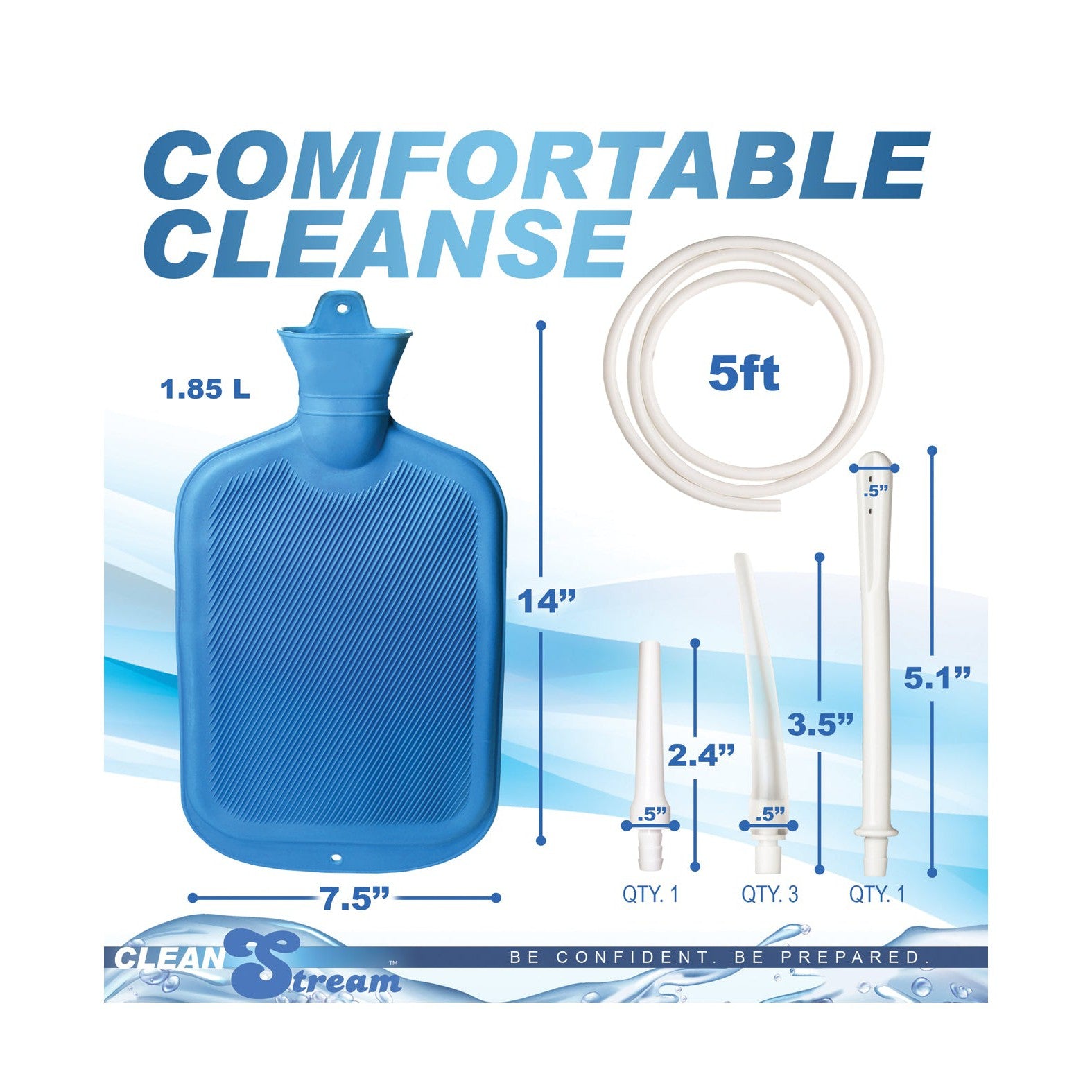 The image shows the Clean Stream Detox Deluxe Shower Enema Kit by CleanStream, including a 1.85L bottle, adjustable flow control, a 5ft hose, and four nozzles. Presented on a blue backdrop, this kit meets your versatile personal needs.