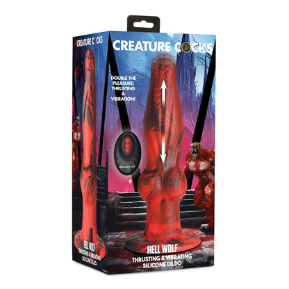 The image displays packaging for the Creature Cocks Hell-Wolf Thrusting & Vibrating Silicone Dildo, featuring a red, textured fantasy dildo. The box shows a mythical creature illustration and includes a convenient remote control.
