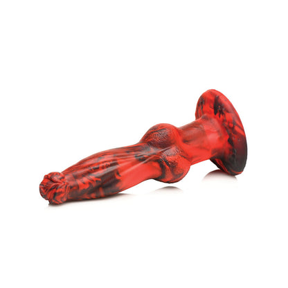 Explore the Creature Cocks Hell-Wolf Thrusting & Vibrating Silicone Dildo, featuring a red and black textured shaft with noticeable ridges and a flared base for safe use. This fantasy dildo promises unparalleled sensations for an exhilarating adventure.