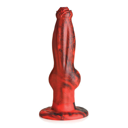The Creature Cocks Hell-Wolf Thrusting & Vibrating Silicone Dildo is a red and black marbled sculpture with a tall, elongated shape, round base, and intricate textures reminiscent of a mystic wolf.