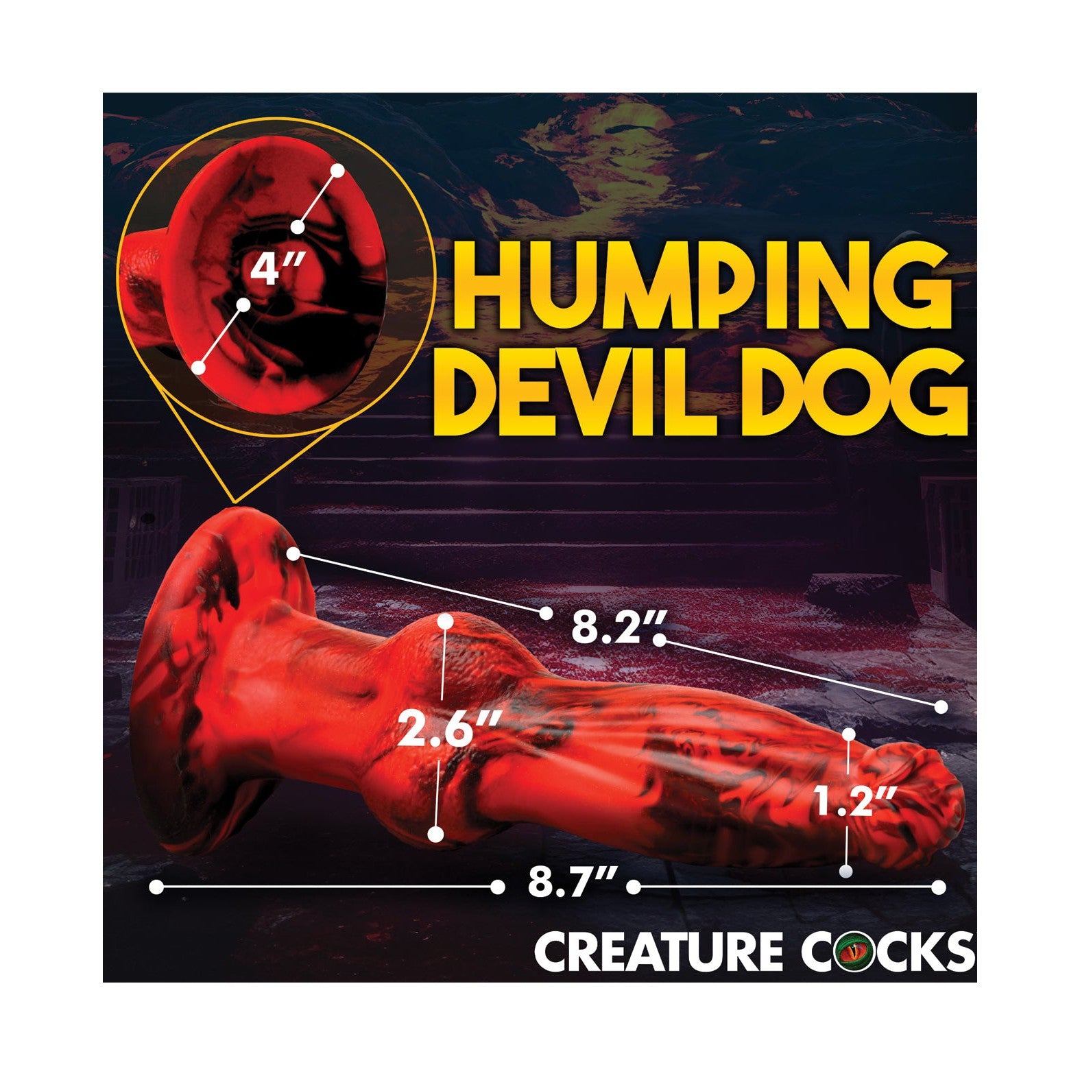 An image of a red, textured object labeled Creature Cocks Hell-Wolf Thrusting & Vibrating Silicone Dildo is set against a fiery background. The text Creature Cocks below evokes the savage prowess of a Hell Wolf in every detail of this thrusting fantasy dildo.