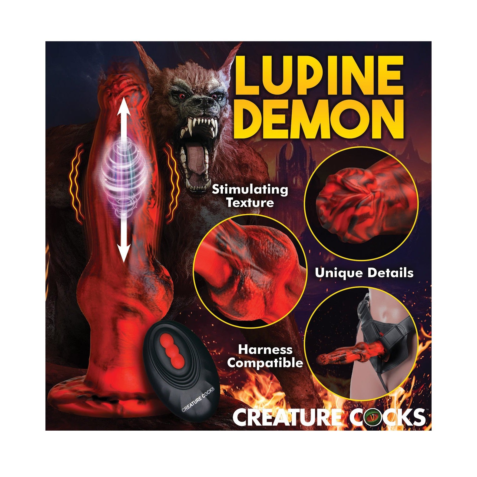 Introducing the Hell-Wolf Thrusting & Vibrating Silicone Dildo by Creature Cocks: a daring fantasy dildo with a textured shaft, intricate details, and harness compatibility for an untamed experience.