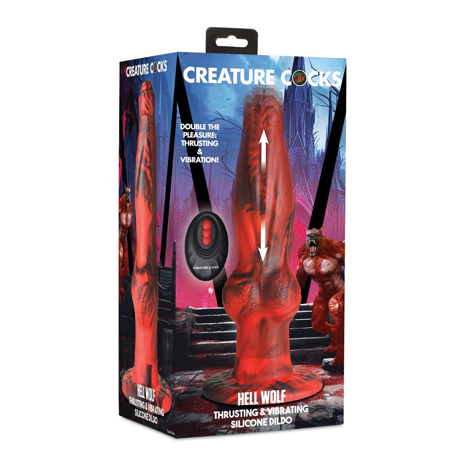 The Creature Cocks Hell-Wolf Thrusting & Vibrating Silicone Dildo packaging displays an image of this remote-controlled fantasy dildo against a dynamic background, emphasizing its textured shaft for an engaging sensory experience.