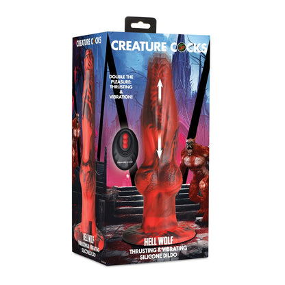 The Creature Cocks Hell-Wolf Thrusting & Vibrating Silicone Dildo packaging displays an image of this remote-controlled fantasy dildo against a dynamic background, emphasizing its textured shaft for an engaging sensory experience.