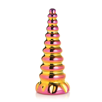 The Creature Cocks Twilight Rainbow Glass Dildo is a shiny, multicolored conical toy made from borosilicate glass. Featuring a smooth, ribbed texture and round base with an iridescent finish in pink, gold, and green, its perfect for adventurous temperature play.