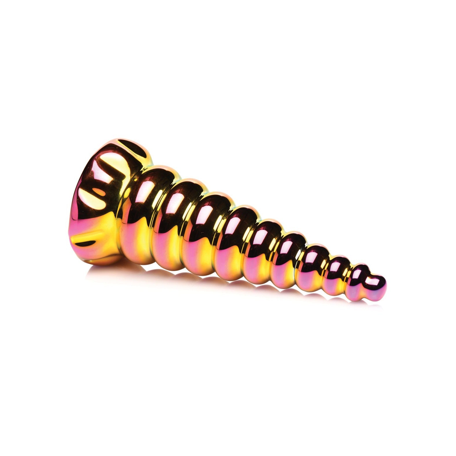 The Creature Cocks Twilight Rainbow Glass Dildo, crafted from borosilicate glass and featuring a metallic spiral in gold, pink, and purple hues, is perfect for temperature play with its vibrant and shiny appearance.