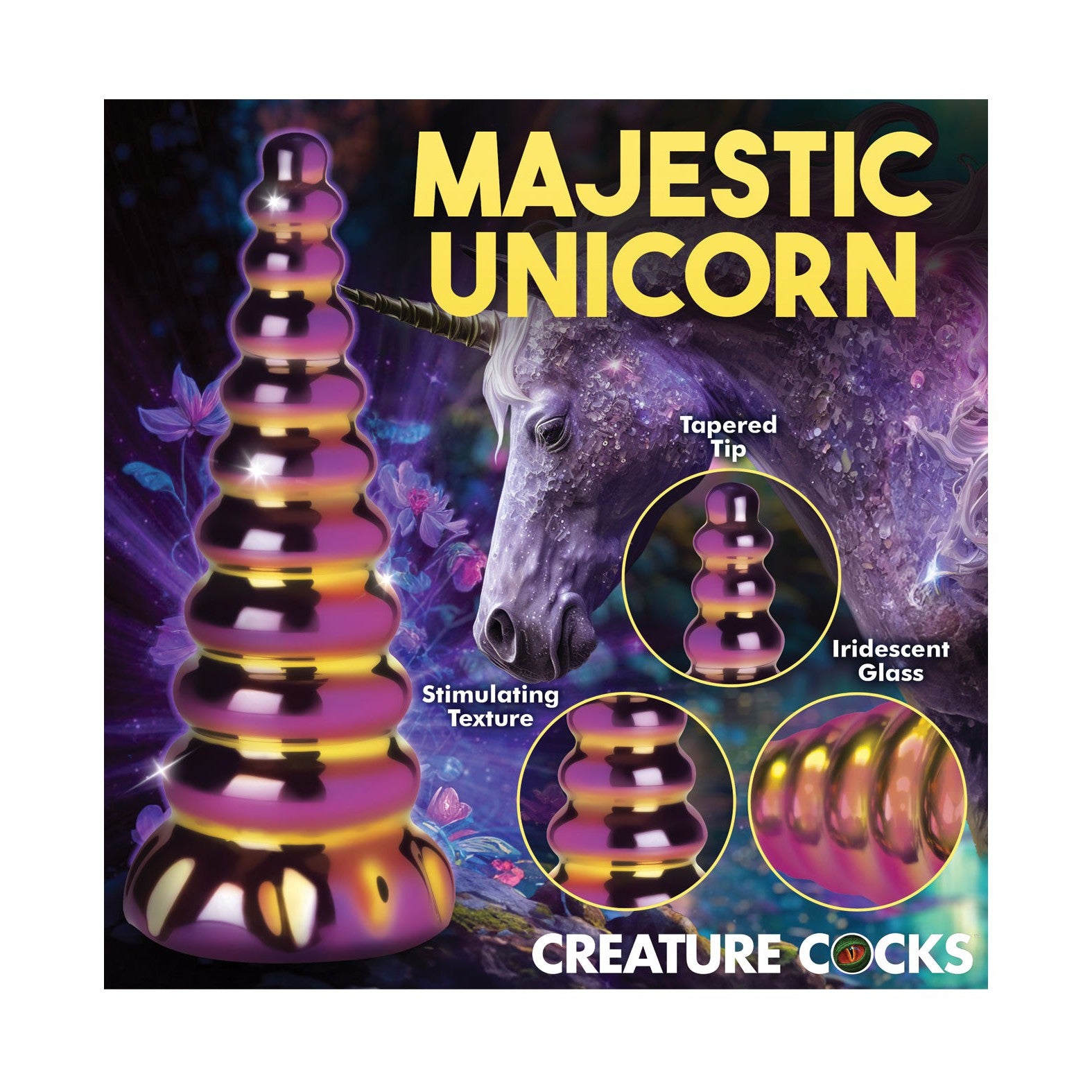 Introducing the Creature Cocks Twilight Rainbow Glass Dildo, featuring a vibrant unicorn illustration. Made from borosilicate glass with a tapered tip and stimulating texture, it offers holographic-like colors for adventurous temperature play.