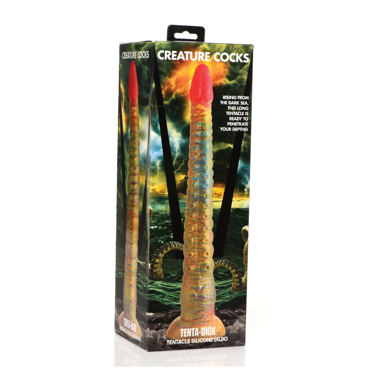 The Creature Cocks Tentacle Dick Silicone Dildo, ideal for fantasy roleplay and kinky cosplay, features vibrant colors. The box displays a stormy sea backdrop with an oceanic monster theme, and the product name Creature Cocks Tentacle Dick is boldly shown at the bottom.