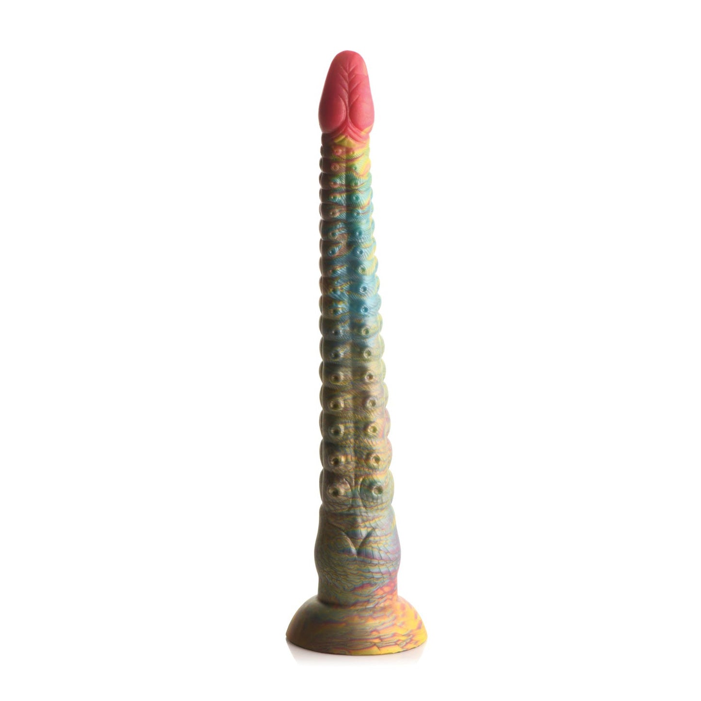 The Creature Cocks Tentacle Dick Silicone Dildo by Creature Cocks is a textured, multicolored toy with a rounded, ribbed design, suction base, and pointed tip. Ideal for kinky cosplay or fantasy roleplay, it boasts a color gradient of pink, blue, green, and yellow hues.