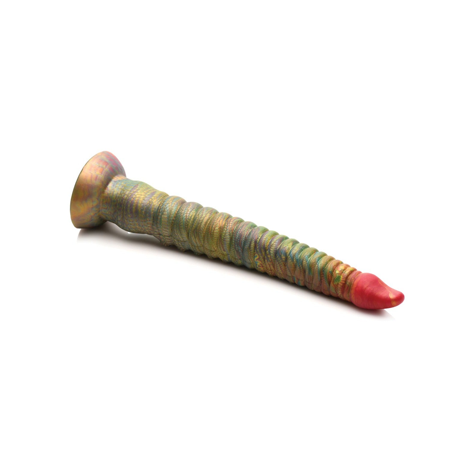 The Creature Cocks Tentacle Dick Silicone Dildo, by Creature Cocks, is a colorful, textured accessory with a flared base and swirling green and yellow patterns ending in a bright red tip, creating an aura of kinky cosplay fantasy against a stark white background.