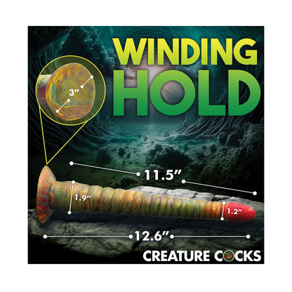 The image shows a Creature Cocks Tentacle Dick Silicone Dildo by Creature Cocks with a spiraled, textured design, ideal for kinky cosplay. Measurements: 11.5” usable length, 12.6” total length, 3” base width, 1.9” shaft width, and 1.2” tip width against a fantasy underwater backdrop.