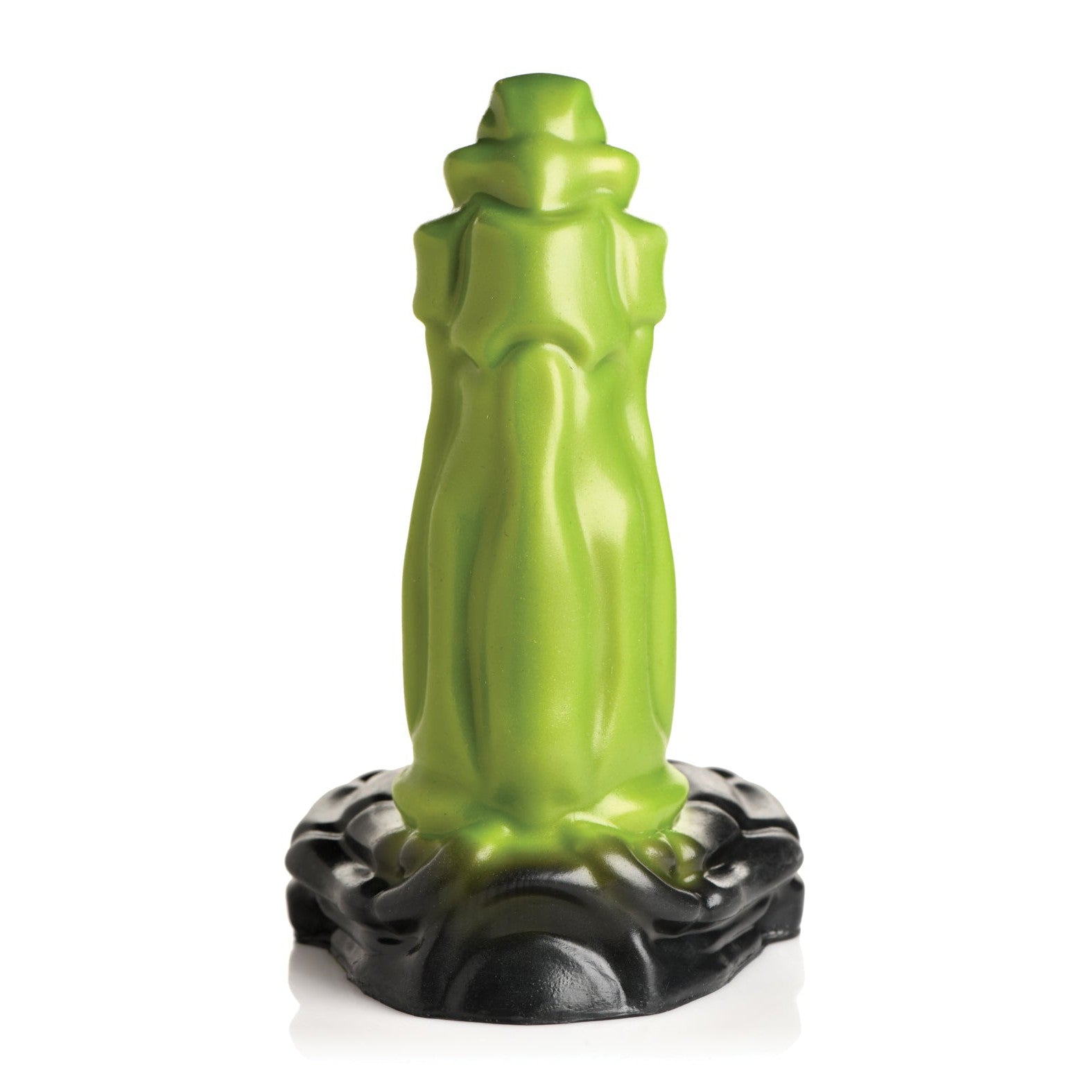 The Creature Cocks Orc Silicone Dildo features a green, intricately sculpted star-like design reminiscent of an orc rod, set on a black, textured base. Its smooth curves and glossy finish create an abstract, artistic appearance.