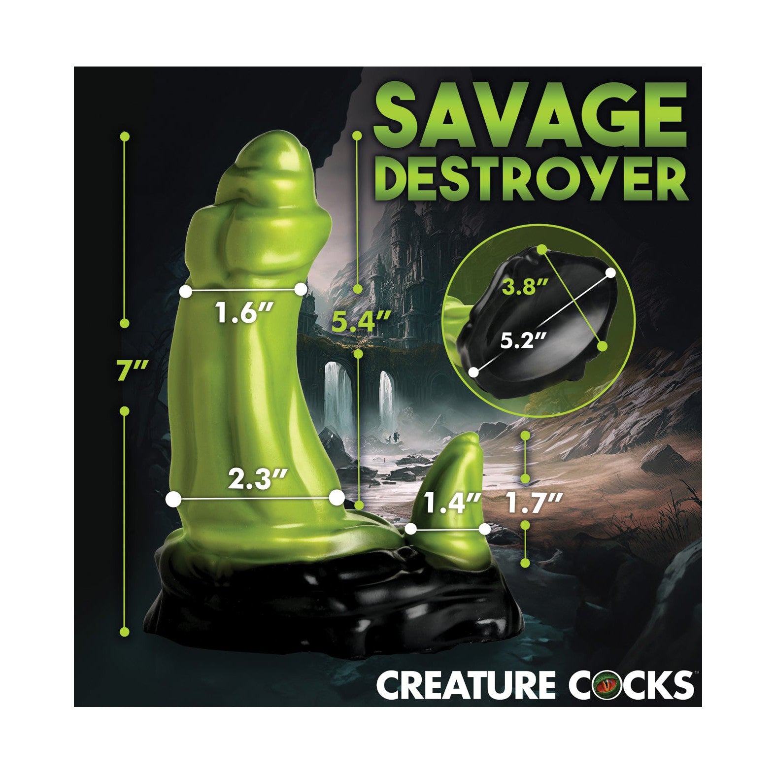 An image of the Creature Cocks Orc Silicone Dildo by Creature Cocks immerses you in a monster fantasy realm, showcasing its green and black design. Sizes like 7, 5.4, and 3.8 emphasize the orc rod experience against a mysterious cave backdrop.