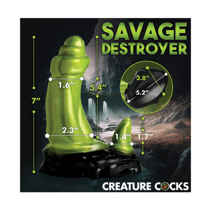 An image of the Creature Cocks Orc Silicone Dildo by Creature Cocks immerses you in a monster fantasy realm, showcasing its green and black design. Sizes like 7, 5.4, and 3.8 emphasize the orc rod experience against a mysterious cave backdrop.