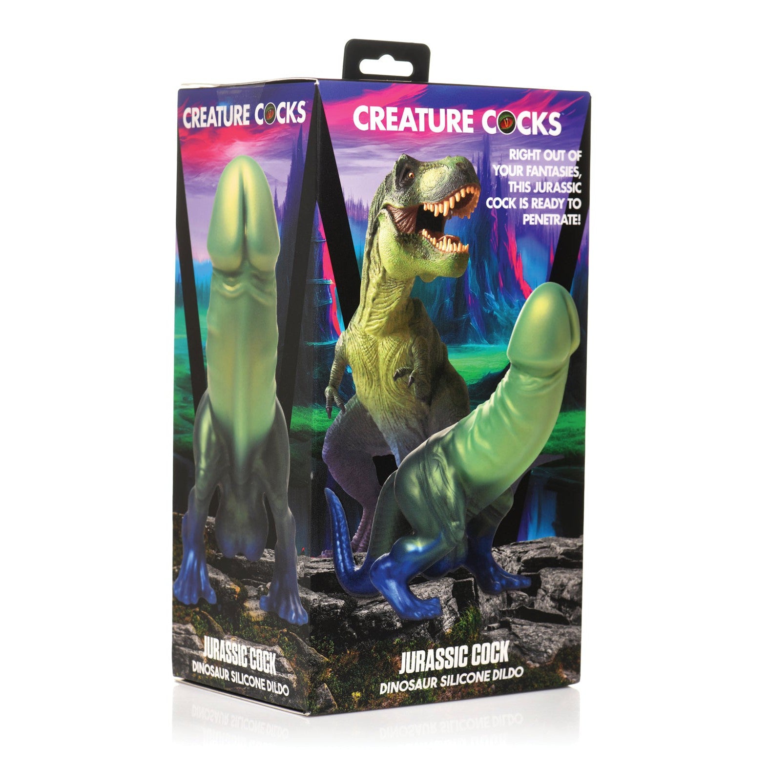 The image features the Creature Cocks Jurassic Cock Dinosaur Silicone Dildo, a dinosaur-themed toy promising prehistoric pleasure. Its packaging boldly displays a Dino dong graphic and the product name, inviting an adventurous fantasy roleplay experience.
