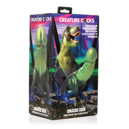 The image features the Creature Cocks Jurassic Cock Dinosaur Silicone Dildo, a dinosaur-themed toy promising prehistoric pleasure. Its packaging boldly displays a Dino dong graphic and the product name, inviting an adventurous fantasy roleplay experience.