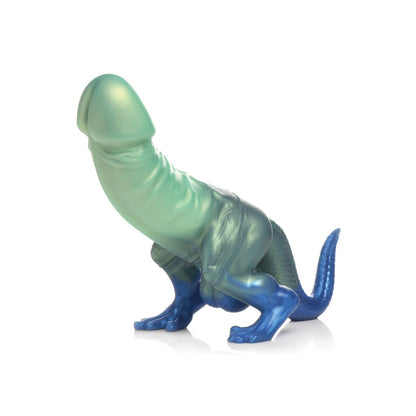 Experience prehistoric pleasure with the Creature Cocks Jurassic Cock Dinosaur Silicone Dildo. This fantasy toy features a green, smooth cylindrical top and a dazzling blue lower body with four legs and a small tail, perfect for immersing yourself in fantasy roleplay.