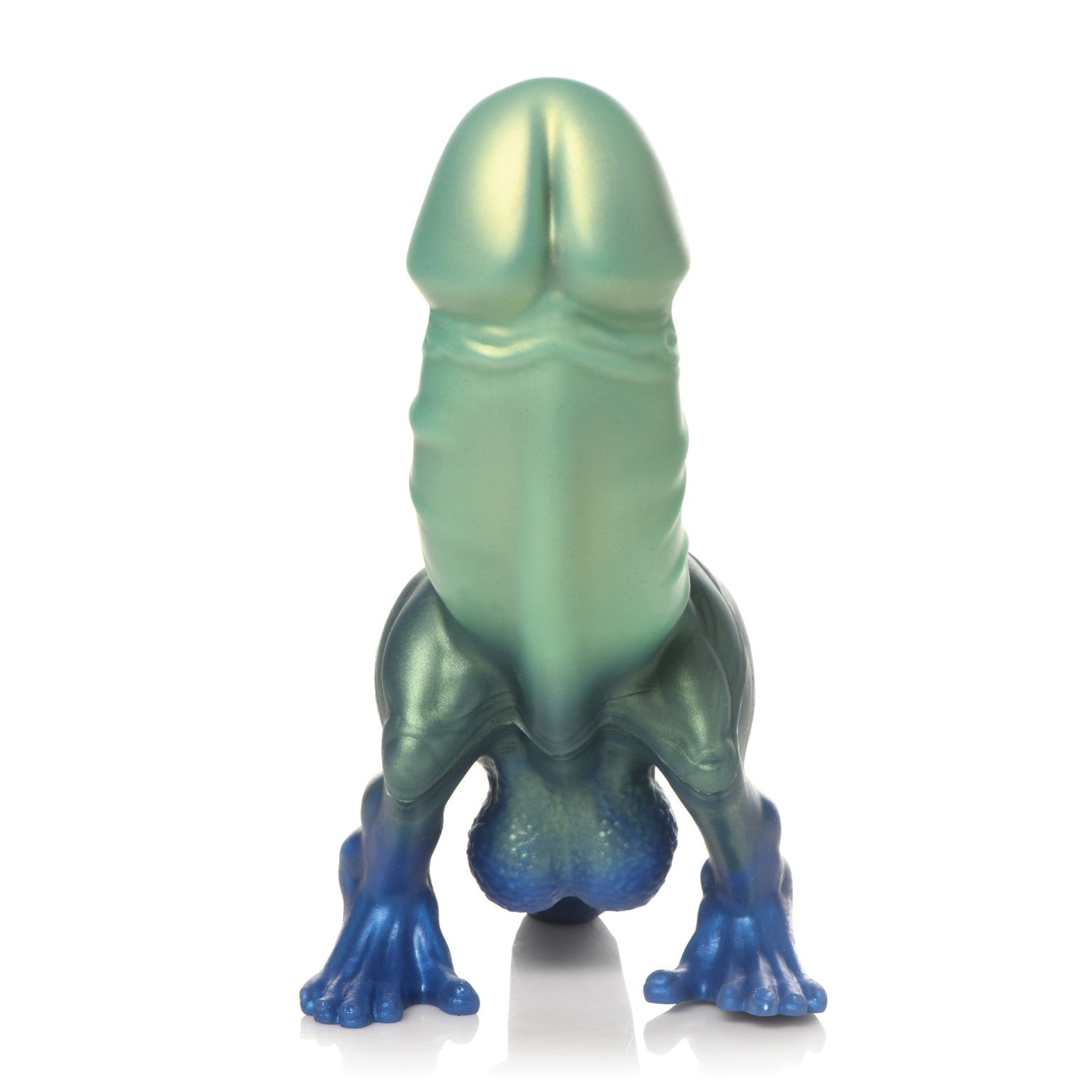 The Creature Cocks Jurassic Cock Dinosaur Silicone Dildo, a colorful toy with a shiny green body and blue limbs, is shown upside down on a white background. Its upward-pointing tail adds an unusual twist of prehistoric pleasure to the playful scene.