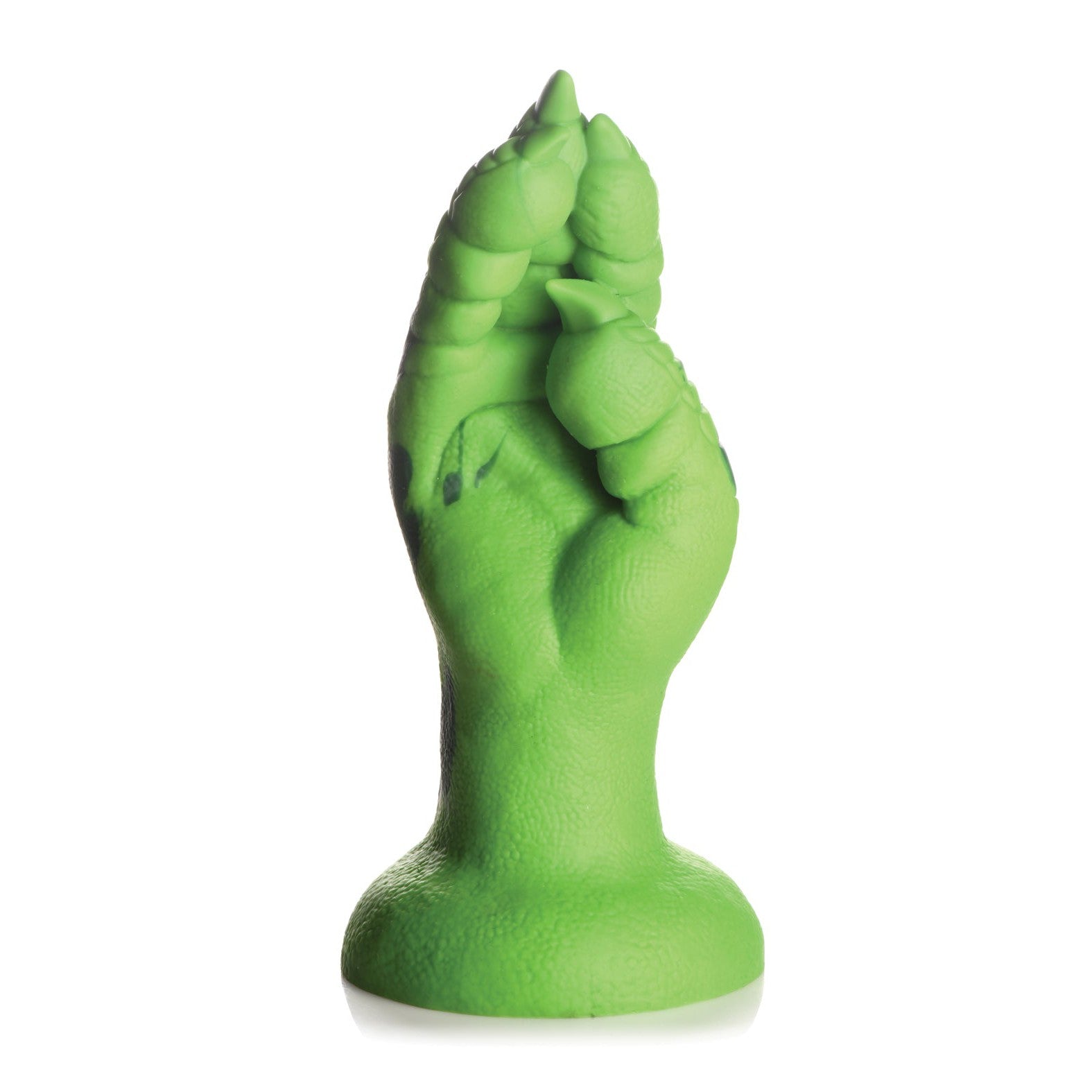 The Creature Cocks Raptor Claw Fisting Silicone Dildo by Creature Cocks resembles a green, reptilian hand with detailed scales and sharp claws. It stands upright on a rounded base, with fingers curving inward for a lifelike and fantastical appearance.