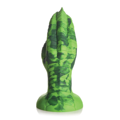 The Creature Cocks Raptor Claw Fisting Silicone Dildo by Creature Cocks is a green and black textured item resembling a raptor claw. It stands upright with a detailed, scaly surface, pointed tips, and rounded base, featuring an intricate fantasy kink-inspired camouflage pattern.