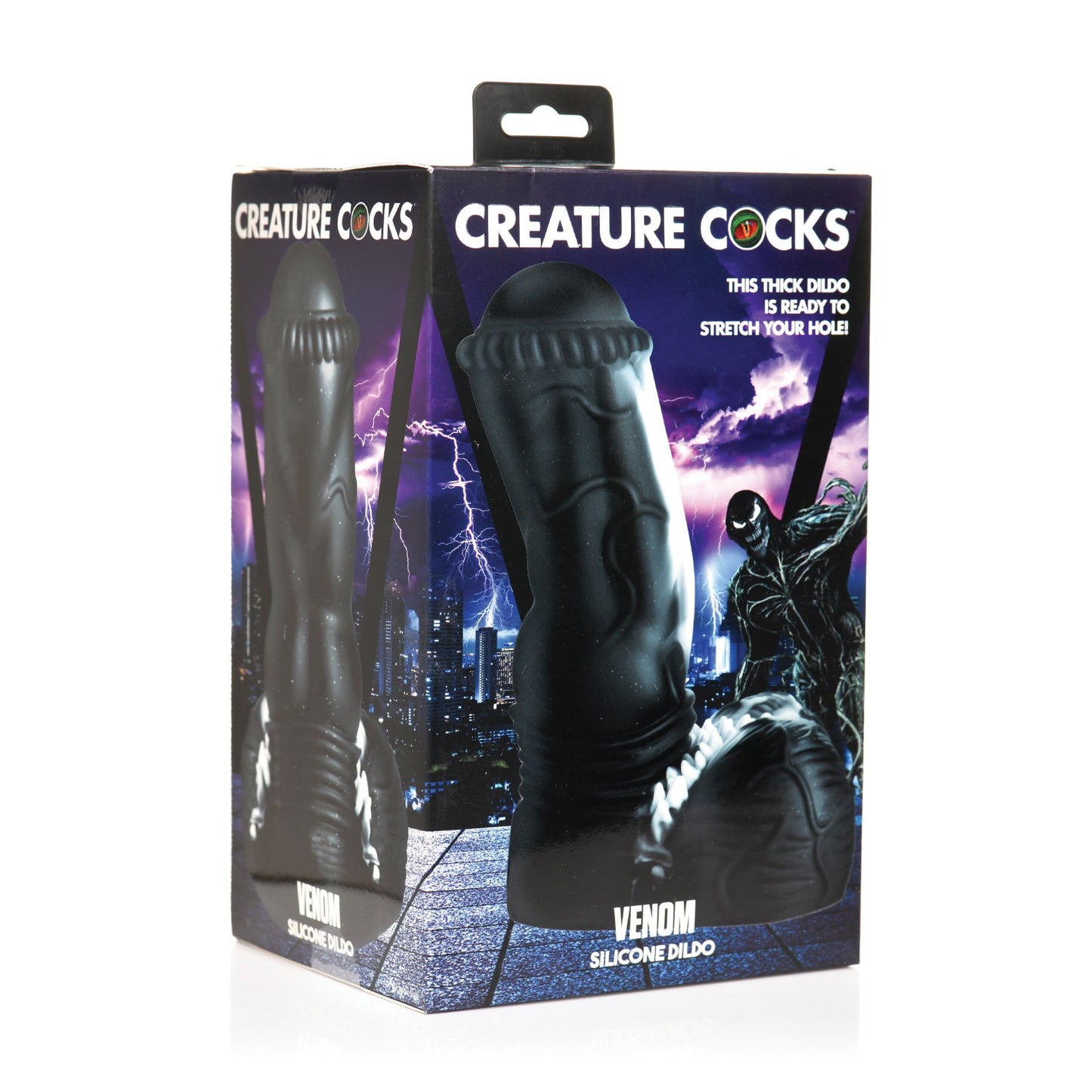 The Creature Cocks Venom Silicone Dildos packaging features an image of the dildo against a dark urban scene with lightning and a creatures silhouette, capturing its alien allure and promising intense stimulation.