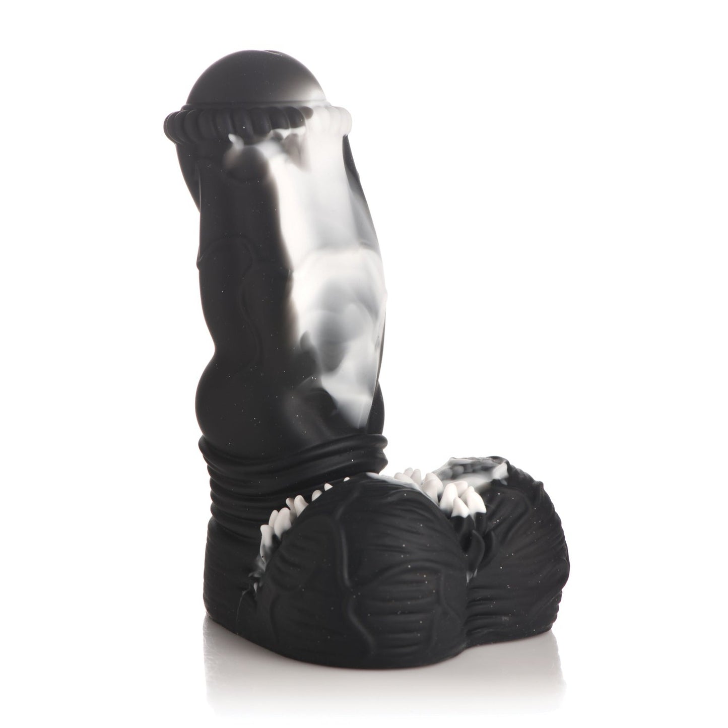 The Creature Cocks Venom Silicone Dildo by Creature Cocks is a black and white fantasy-themed object with intricate details, resembling an imagined creature. Its bulbous top and textured base offer intense stimulation, capturing an alien allure in a unique design.
