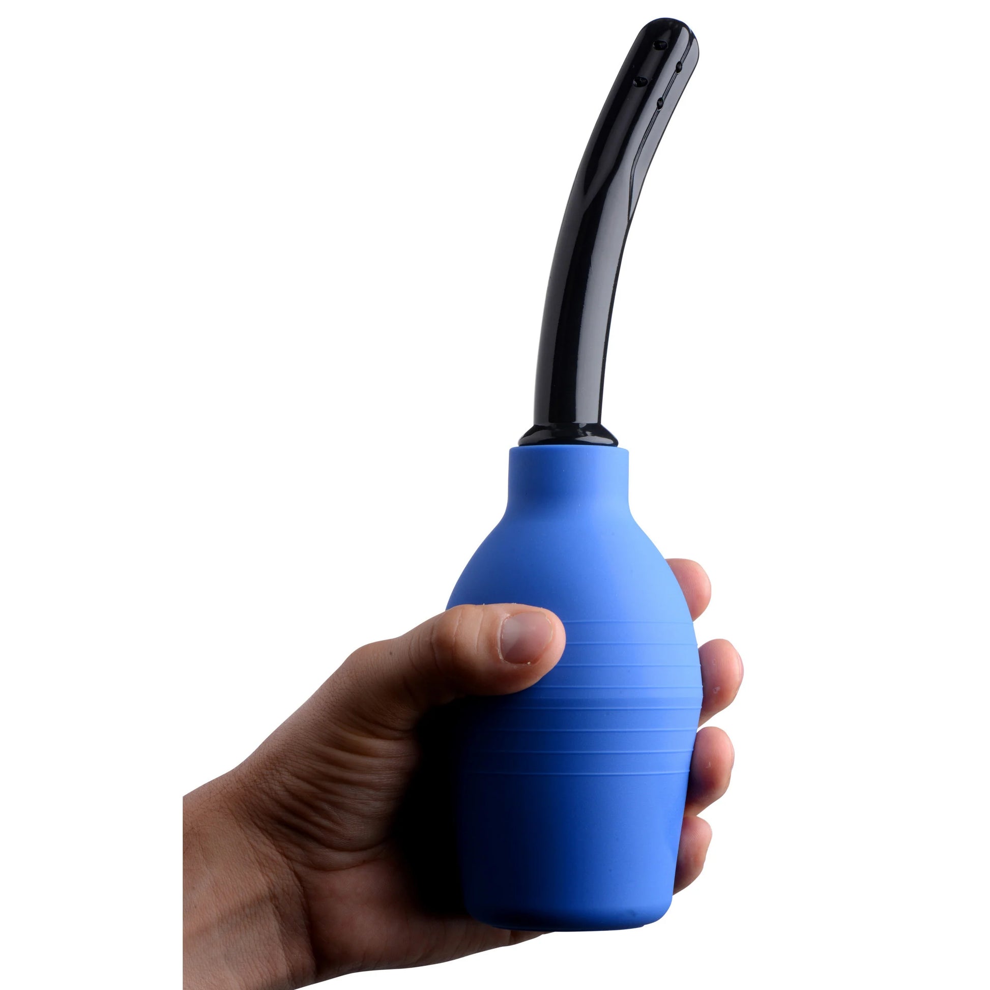 A hand holds the CleanStream Premium Enema Bulb by Xr llc, a blue 300 ml silicone bulb with a long black nozzle and one-way valve, set against a white background.